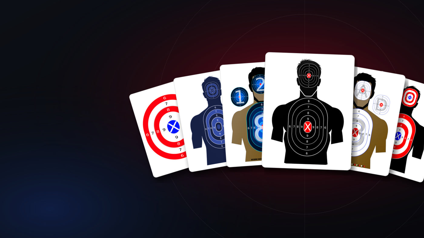 PrintMyTargets hero — silhouette target card fan